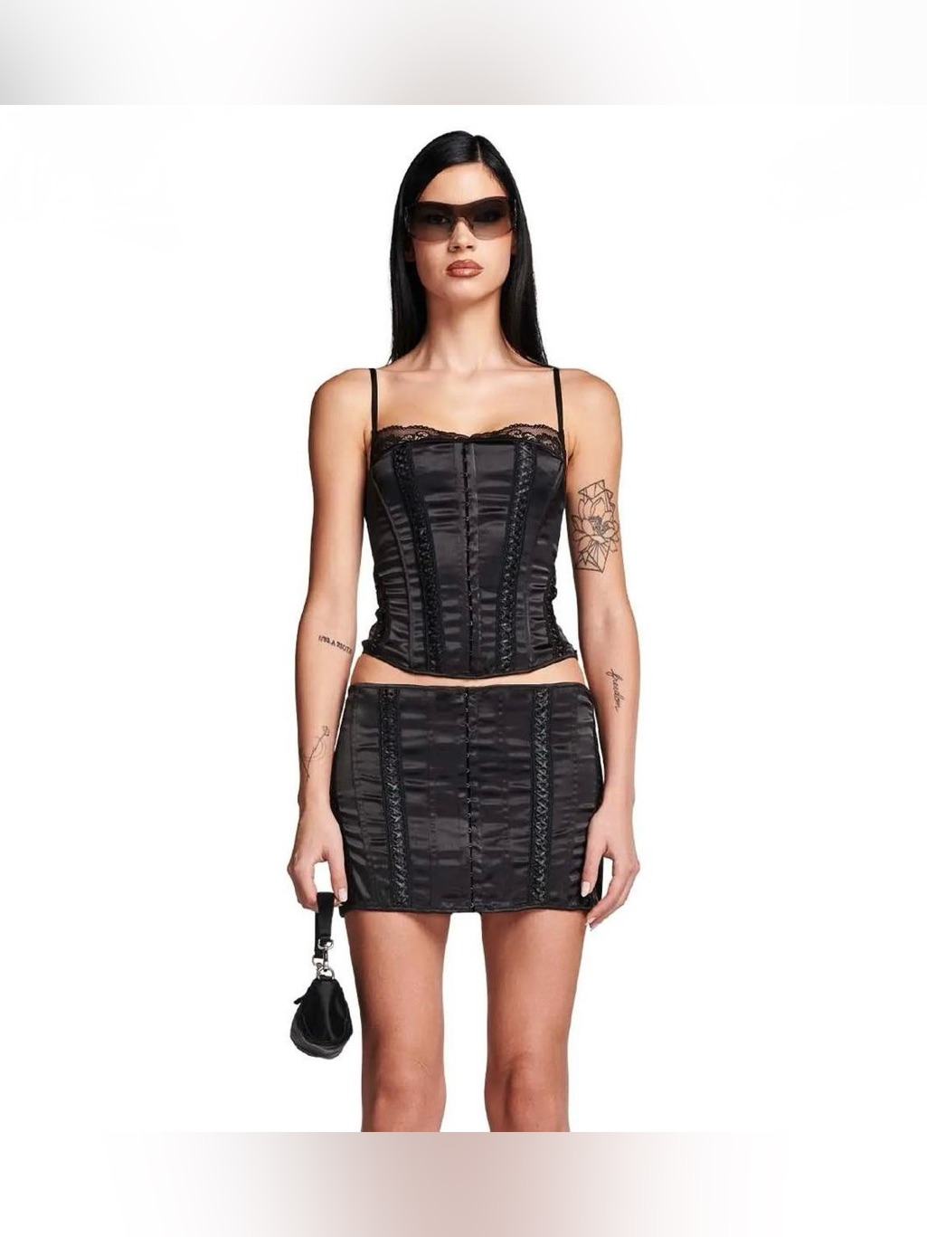 I.Am.Gia Lalita Black Satin Lace Trim Corset Top & Skirt Set Size Small